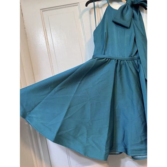 NWT Mac Duggal Teal Halter High Neck Shoulder Bow Mini Dress 20710 Size 2 - Picture 5 of 16